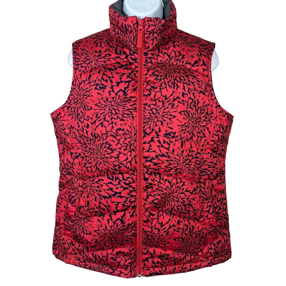 Lands End Womens Small 6-8 Down Puffer Vest Red Floral Full Zip Sleeveless